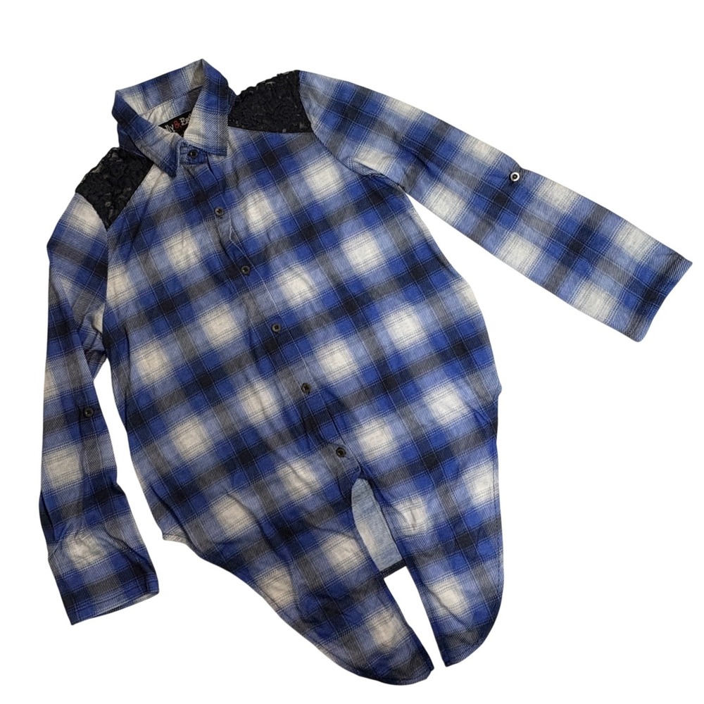 Polly & Esther Plaid Top Women Lg Blue Lace Yoke Front Tie Long Sleeve Button Up